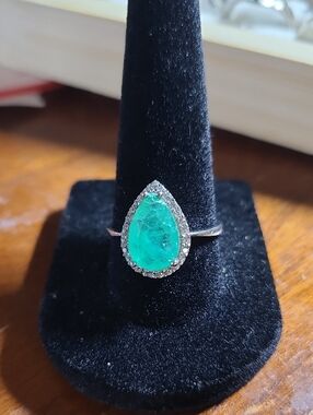 Pear-Cut Paraiba Tourmaline Like Ring Featuring a Neon Blue-Green Stone & CZ
